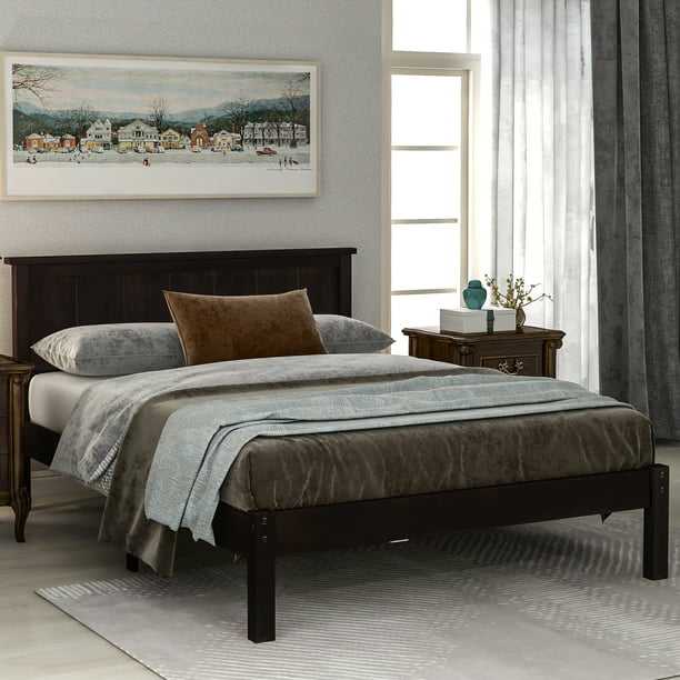 Brown Wood Bed Frames for Queen Size, Modern Platform Bed Frame with