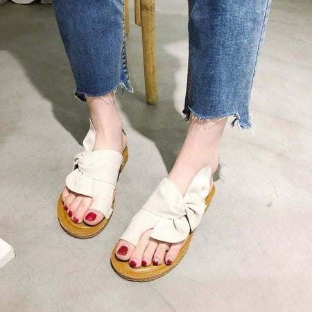 

〖Yilirongyumm〗 Beige 37 Sandals Women Butterfly-Knot Flats Flip Fashion Flops Beach Roman Women s Slippers Slipper Women s Sandals