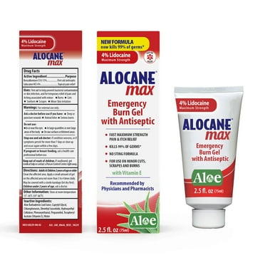 ALOCANE Max Maximum Strength Burn Gel with Antiseptic, 4% Lidocaine, Fast Pain Itch Relief, First Aid Treatment 2.5 fl oz