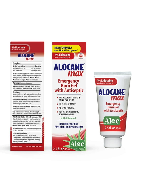 ALOCANE Emergency Burn Gel, 4% Lidocaine Max Strength Fast Pain Itch Relief for Minor Burns, Sunburn, Kitchen, Radiation, Chemical, First Degree Burn, First Aid Treatment Burn Care 2.5 Fl Oz
