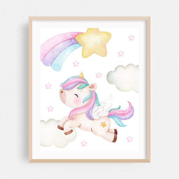 Magic Unicorn, Rainbow, Stars, Clouds, Girl Nursery - Illustration Watercolor Fantasy Whimsical Stars Pastel Animal Oak Framed Wall Art Print 9 x 12 inches