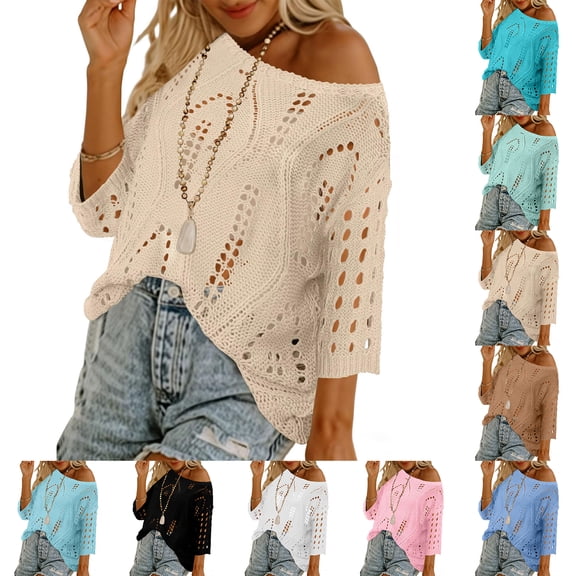 Crochet Knit Cover Up for Women, Off Shoulder Hollow Out Beach Tunic - Sheer Loose Fit Summer Swimwear Shirt Beige L