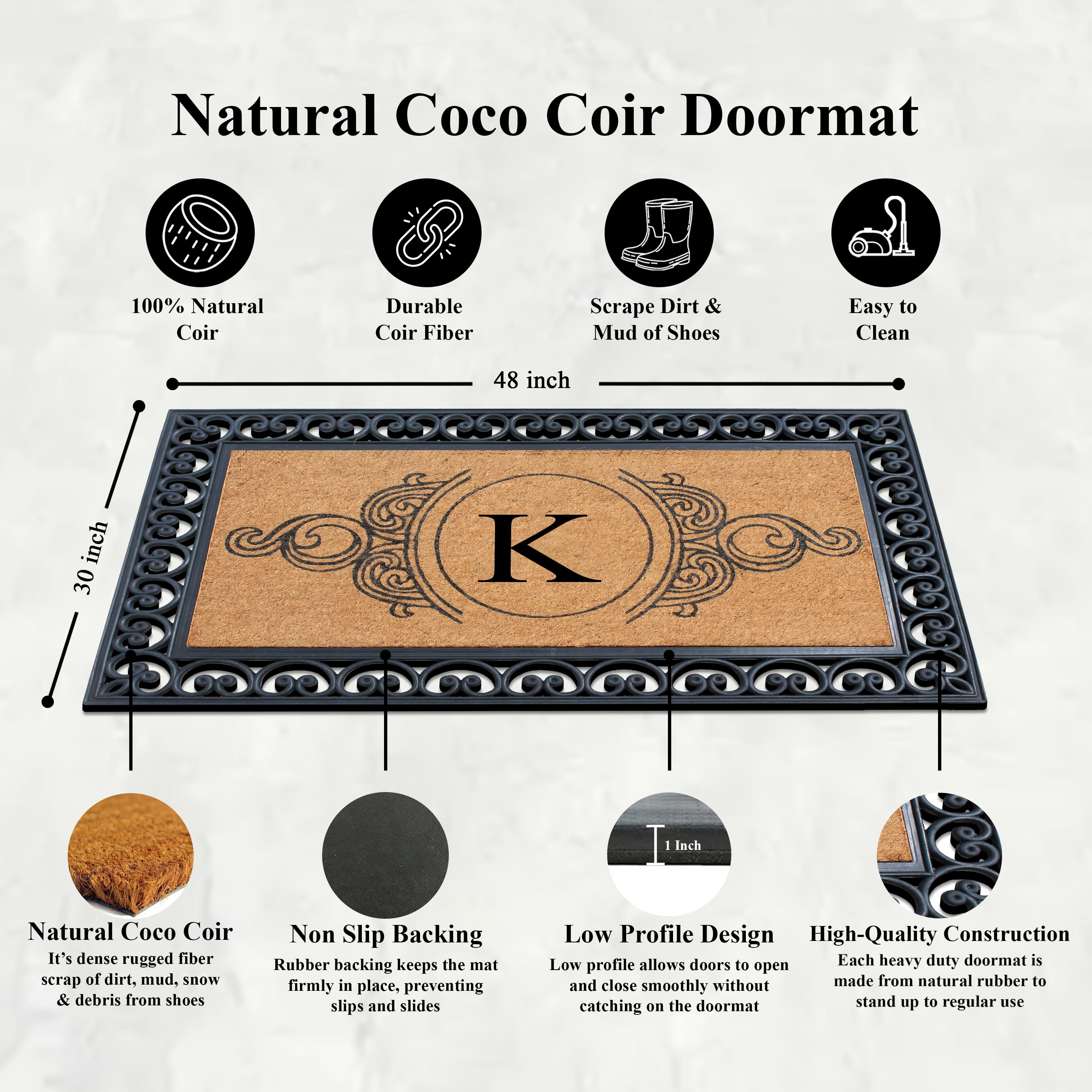 A1HC Rubber and Coir Doormat 30" x 48", Standard Double / Single Front Door Mat for Outdoor Entrance, Personalized Monogrammed Non-Slip Entrymat