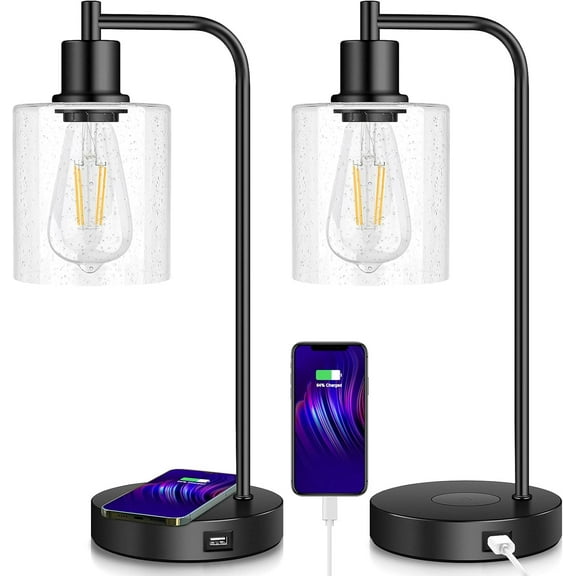 Set of 2 Wireless Charging Industrial Table Lamp, Black