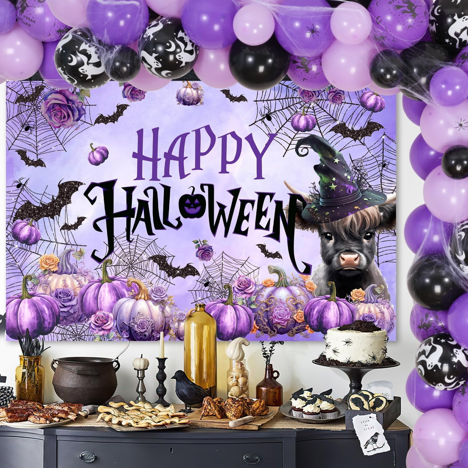 Halloween Highland Cow Decorations Purple Floral Witch Hat Pumpkin Backdrop Happy Halloween Photograph Background Bat Spider Purple Black Balloon Garland Arch Kit for Halloween Birthday Party Supplies