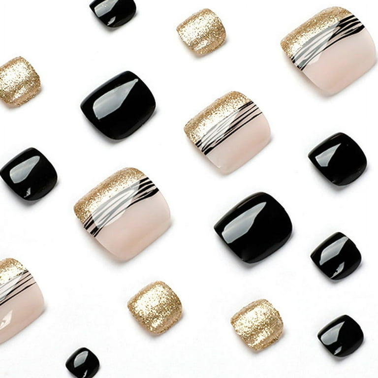 Fofosbeauty 24 PCS Toe Nail Designs 2022 Short Square Press on Toenails Black Gold Enhance Walmart