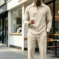 thumbnail image 5 of Delconic Mens Casual Cotton Linen Two Piece Set Long Sleeve Collared Pullover Top and Drawstring Straight Leg Pants Outfit Khaki 2XL, 5 of 6