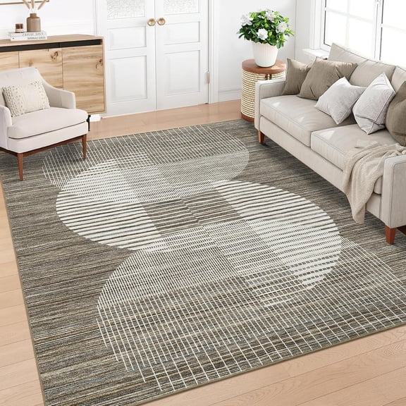 5x7 Area Rug, Modern Geometric Washable Rug with Non-Slip Backing, Low Pile Faux Wool Carpet, Stain-Resistant Indoor Accent Rug for Living Room, Bedroom, Dining Room, Office,brown