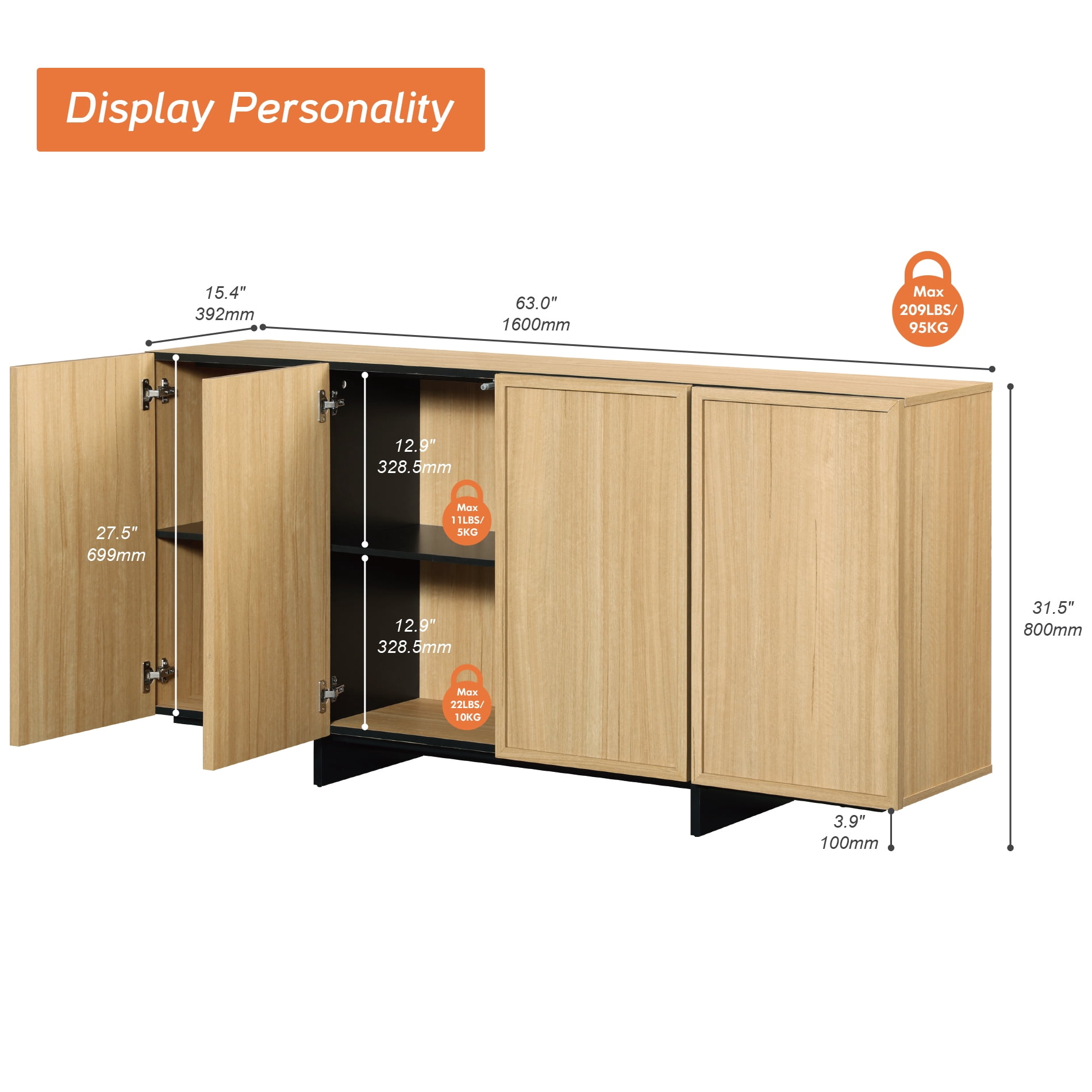 WAMPAT Multifunctional Sideboard Buffet Cabinet, Modern Storage Cabinet with 3 Large Storage Spaces, Coffee Bar Cabinet for Living Room and Kitchen, Oak