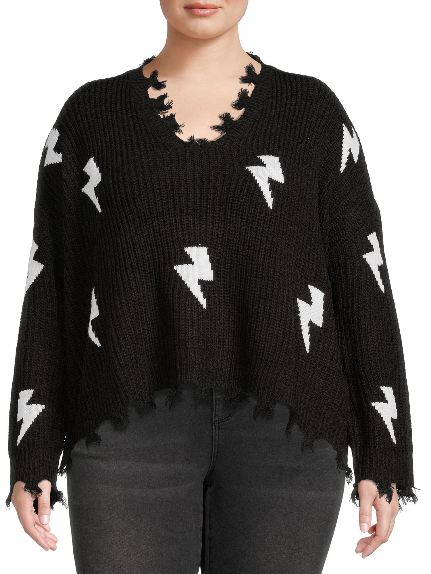 No Boundaries Juniors' Plus Size V-Neck Frayed Sweater, Women's, Size: 4XL, Black