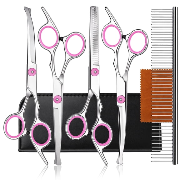 DSOOLO Grooming Scissors Kit for Dogs Cats 6 in 1 Professional Pet Grooming Shear with Safety Round Tips,Pink