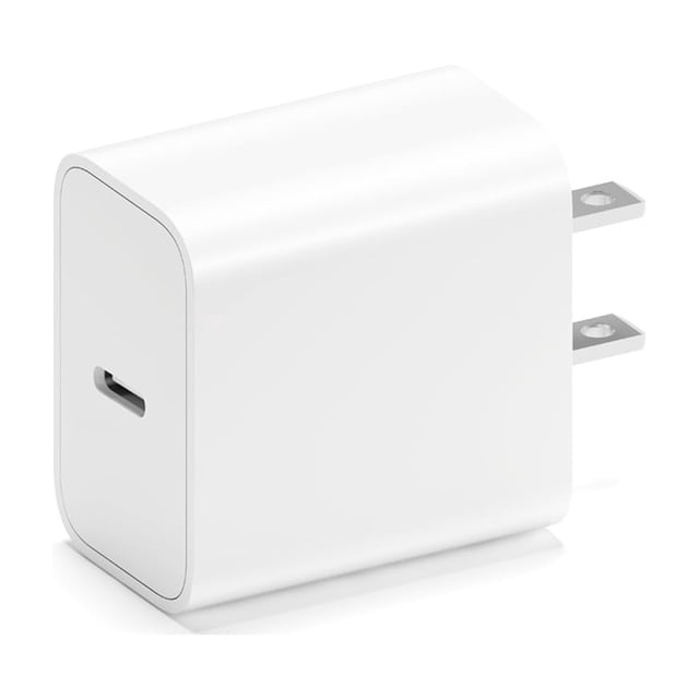 bloque de cargador rápido usb c de 20 w para apple iphone air 15-17 pro max Adaptador de pared USB‑C blanco, vista 3/4 con clavijas plegables tipo A visibles; cuerpo rectangular compacto y liso con puerto USB‑C frontal, acabado mate, compatible con iPhone y otros dispositivos USB‑C, diseño portátil para viaje; a menudo usado también para cargar tablets y accesorios en movimiento.