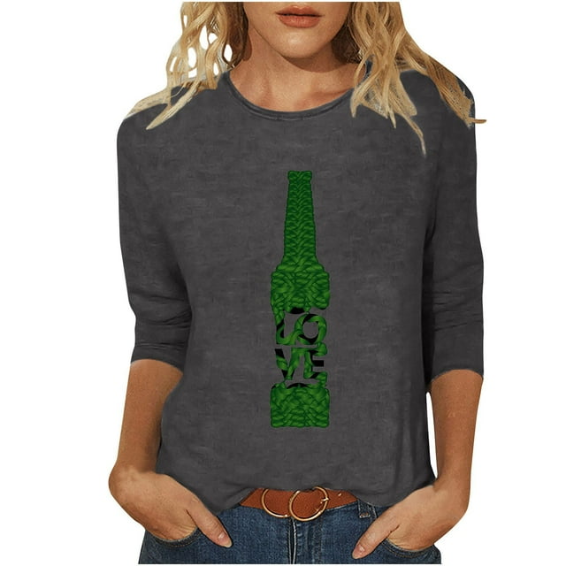 Pompotops T-Shirt d'Été Décontracté pour Femmes Imprimé Bière Col Rond Manches 3/4 Ample en Solde