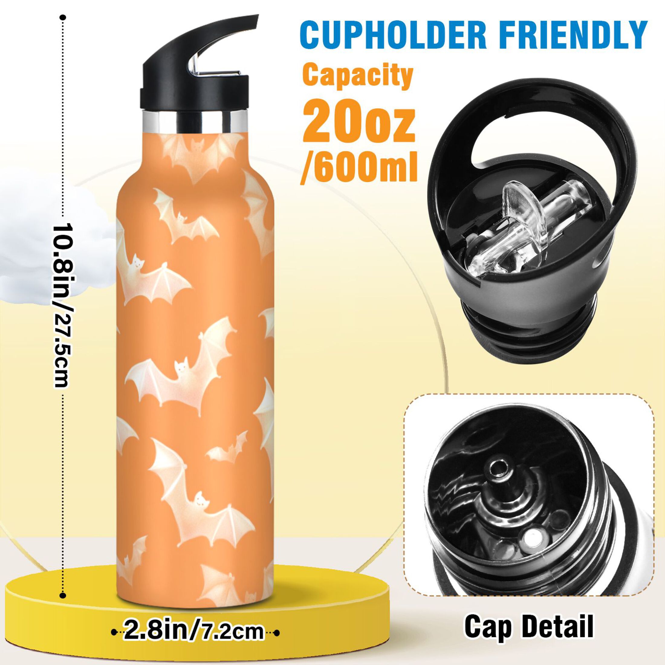Kids Insulated Stainless Steel Sports Water Bottle 600ml (20oz) Orange and White Bats