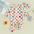 thumbnail image 2 of Bagilaanoe Newborn Baby Girls Boys One-pieces Checkerboard Long Sleeve Jumpsuit + Headband 3M 6M 12M 18M Infant Ruffled Romper Casual Clothing, 2 of 8