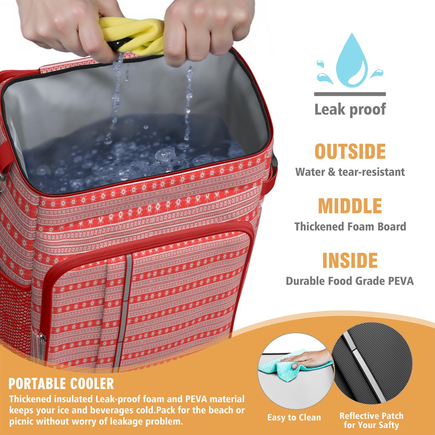 Travel Cooler Bag - Red Christmas Folk Pattern Camping Beer Cooler Backpack with Bottle Opener- Waterproof Insulated Picnic Backpacks - Cooler Bag for Beach