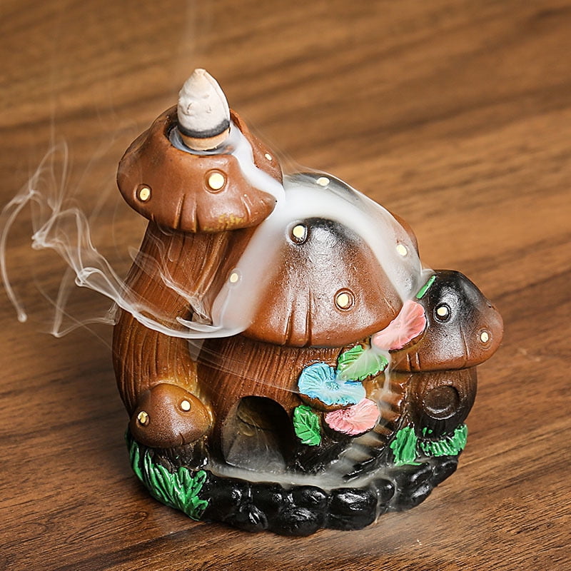 Mushroom House Backflow Censer Backflow Incense Burner Resin Mushroom House Incense Burner Mushroom Incense Holder Flowing Smoke Burner for Relax Desktop Ornament