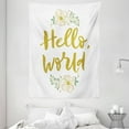 thumbnail image 1 of Hello World Tapestry, Hand Drawn Brush Lettering Pastel Toned Flowers, Wall Hanging for Bedroom Living Room Dorm Decor, 60W X 80L Inches, Dark Khaki Sea Green Pale Pink and Ivory, by Ambesonne, 1 of 2