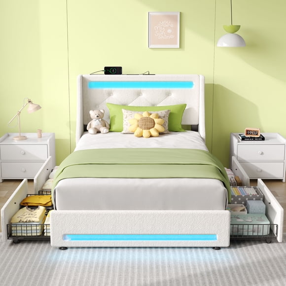Greenstell Smart Charging Storage Bed Frame - 900lbs Capacity Noise-Free, Twin, Off White
