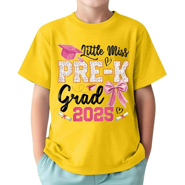 TAIAOJING T-Shirts Polyvalents Garçon Fille avec Nœud Lettre Imprimée Manches Courtes Col Rond T-Shirts Décontractés Dernier Jour d'École pour Bébé à Adolescent Coupe Décontractée Légère pour Usage Quotidien