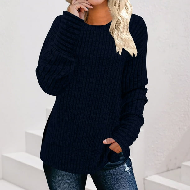 HongQid Long Sleeve Shirts for Women Tunic Trendy Casual Round Neck Tops Lightweight Sweaters