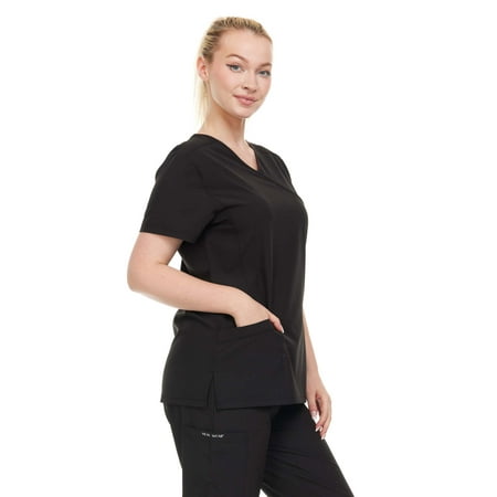 

Heal + Wear Women Scrubs Top V-Neck Short Sleeve Famale Medical with Pockets Regular Fit 4 Way Strech Black L