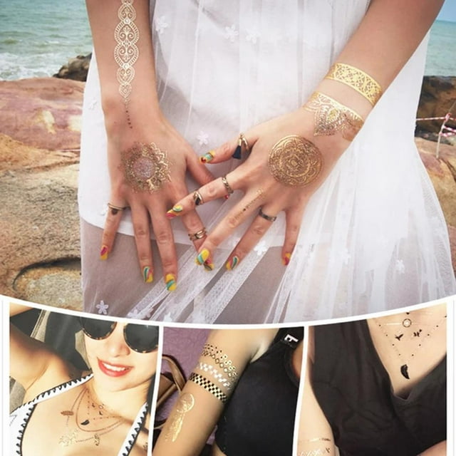 10 hojas de tatuajes temporales BuyWeek metálicos a prueba de agua doradas para hombros brazos pecho espalda y piernas