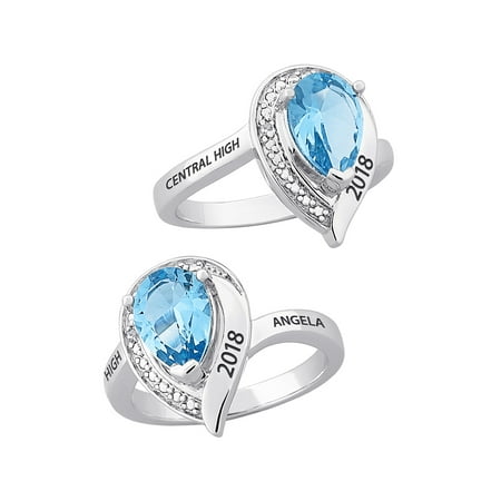 Sterling Silver Class Ring - Personalized Women's Sterling Silver Pear-cut Birthstone Class Ring with Diamond Accent