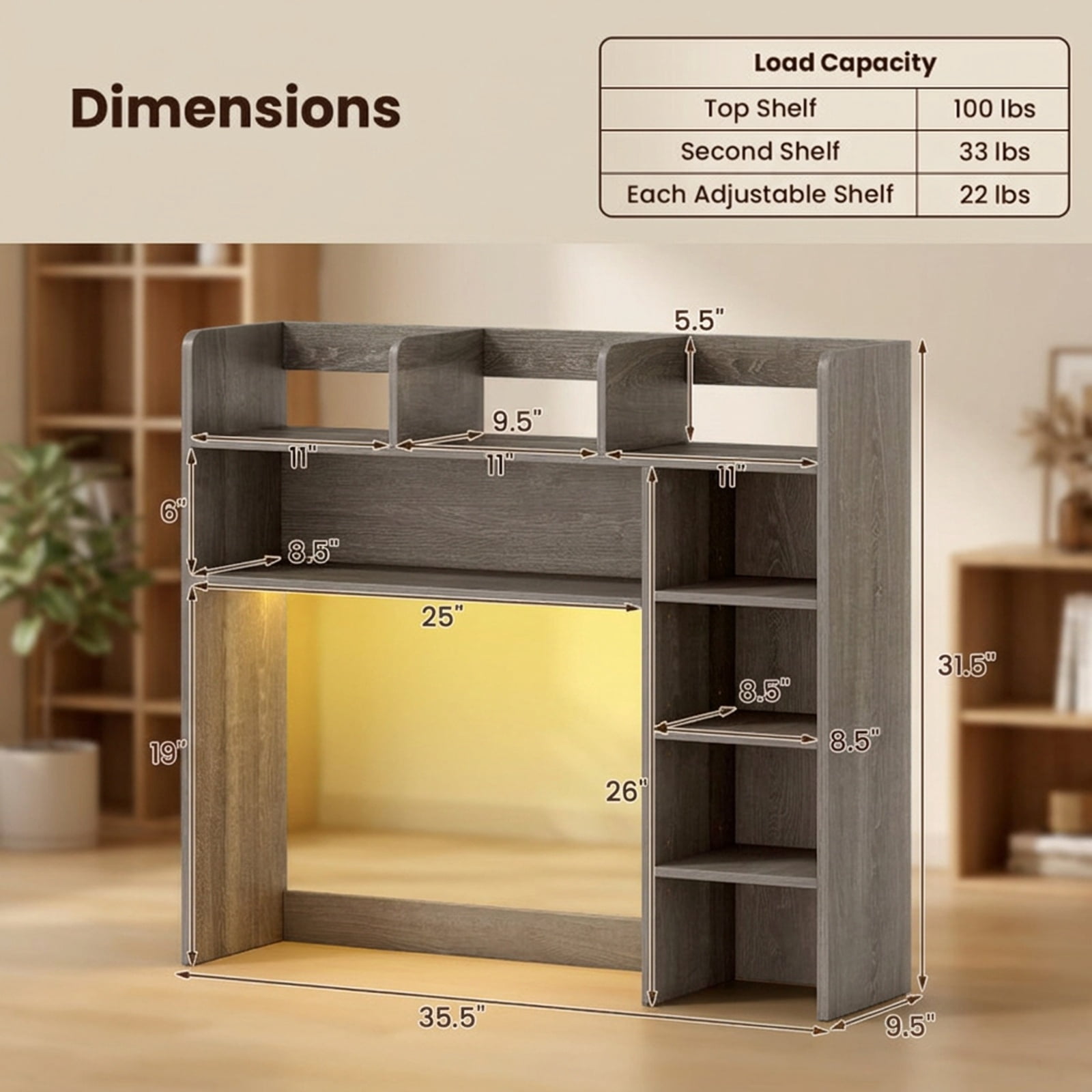 Furnibear Desktop Bookshelf with LED Lights 35.5 Inch Oak Desk Hutch Storage Organizer with Adjustable Shelves for Home Office, Oak