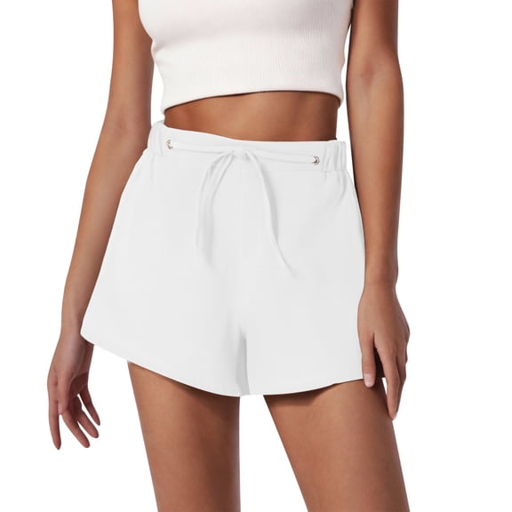 Nfurl Women's High Waist Solid Linen Shorts Work Office Business Casual Shorts with Pockets Drawstring Summer Going Out Shorts White XXL