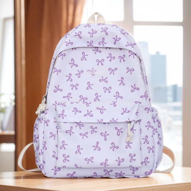 Adjustable Strap Travel Bag Nylon Student Backpack Bow Printed for Girls Women Schoolbag Knapsack Rucksack Purple