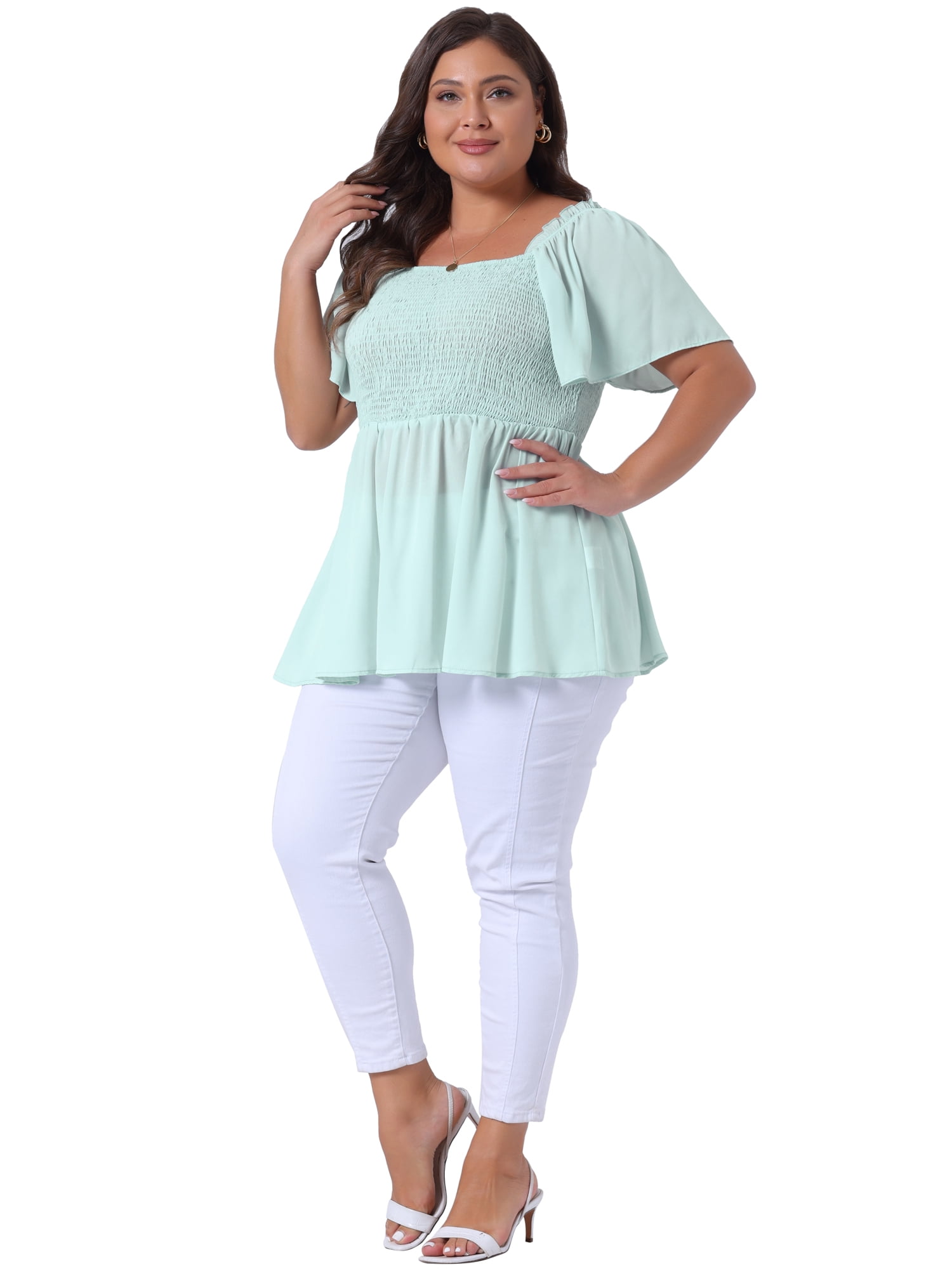 DARING DIVA Women's Plus Square Neck Ruffle Hem Blouse 4X Light Green