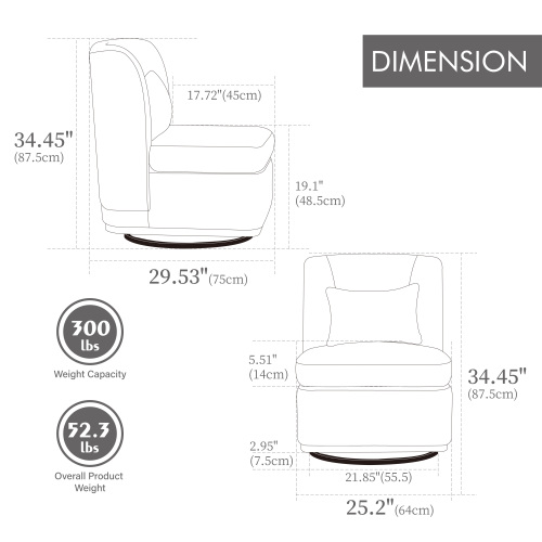 BSHTI 25.2" Wide Modern Chenille Cushioned Armless Metal Base 360°Swivel Chair with Pillow,Suitable for Living Room,Family Room,Bedroom,Lounge Area,Office.Pale Green