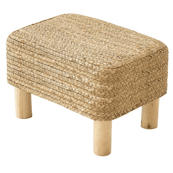 Rectangular Footrest Natural Seagrass Footstool with Wooden Legs Hand Weave Multifunctional Mod Dressing Stool, Sofa Side Table for Bedroom for Living Room (Nature)