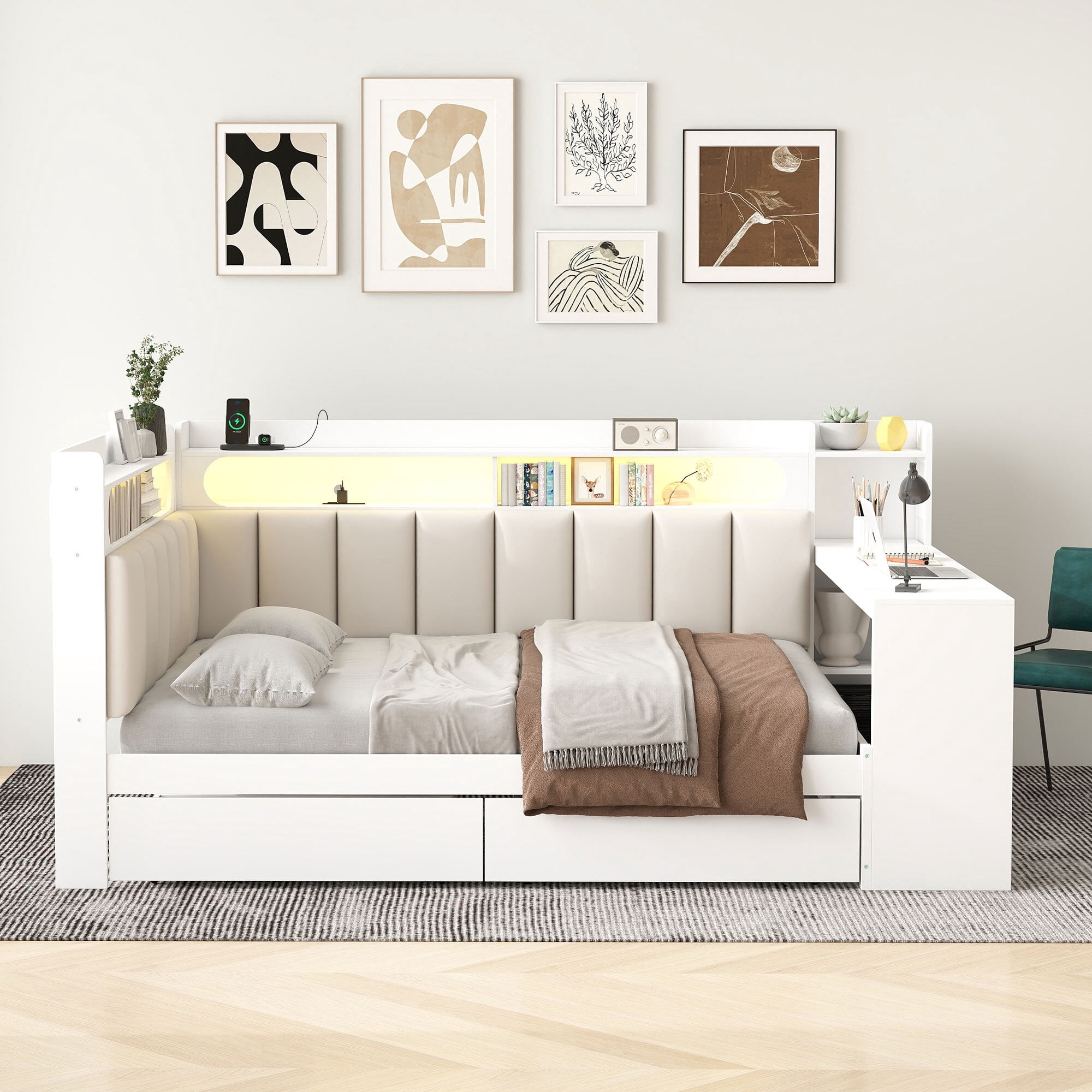 Euroco Wood Full Size Daybed with Storage Desk and Shelves, Bed with Upholstered Headboard and Backrest, LED Light, USB Ports and Drawers, White