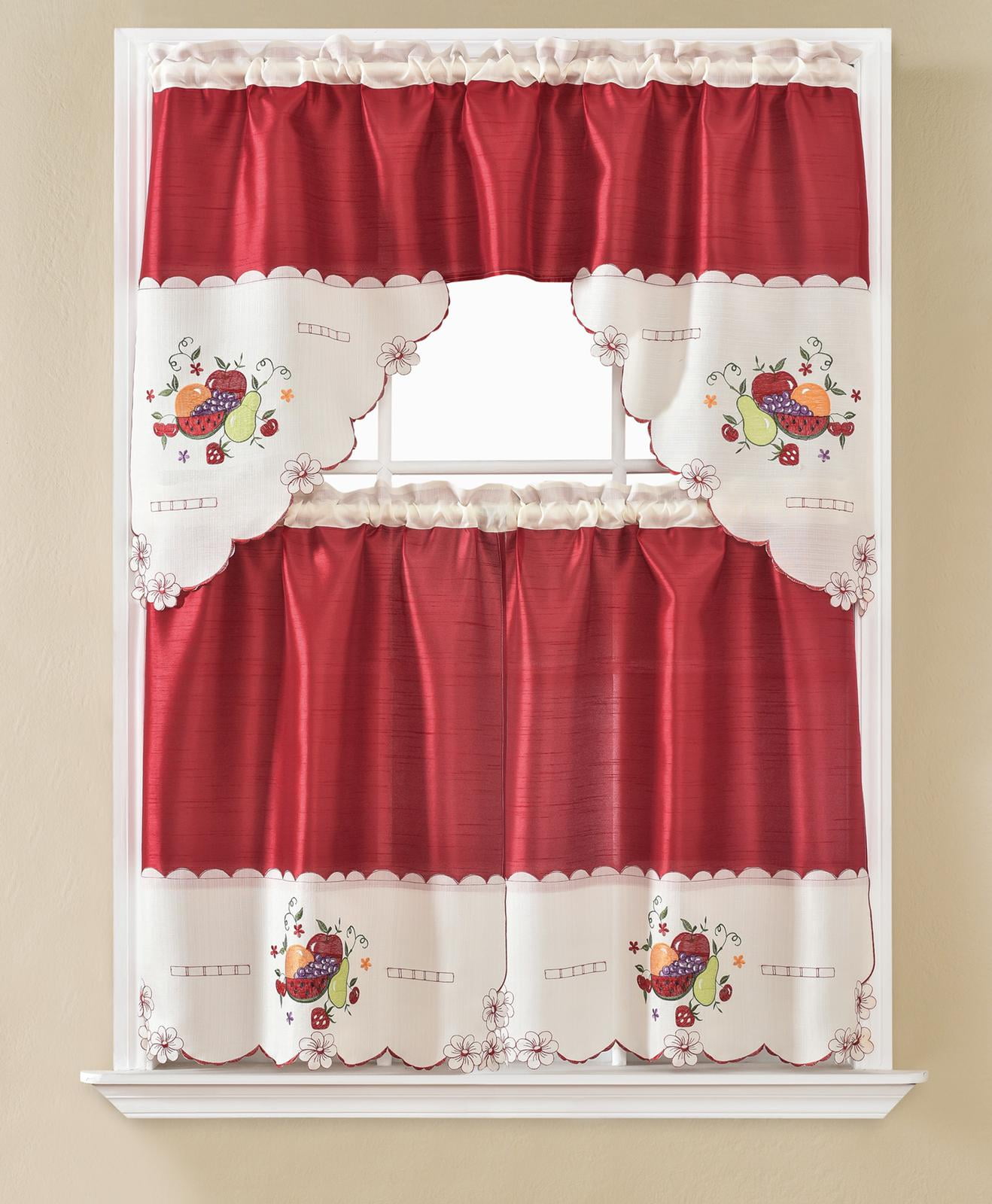 3 Pc Red & Gold Sheer Curtain Set Fruit Embroidery 2 Tier,Double Layer Valance 