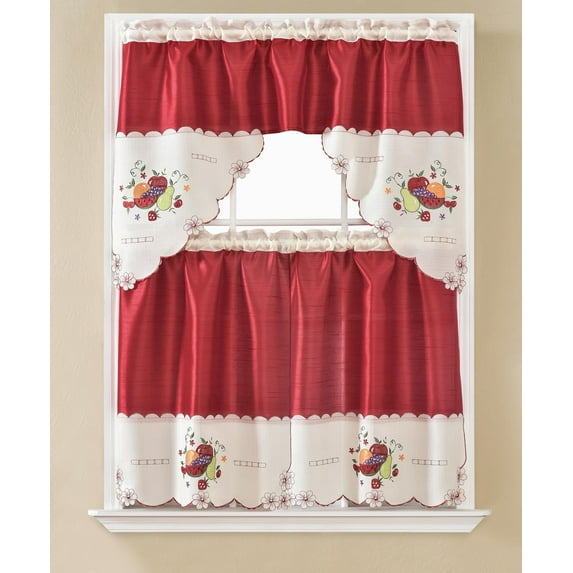 3 Piece Semi Sheer Embroidery Fruits Kitchen/Café Window Curtain Tiers and Valance Set