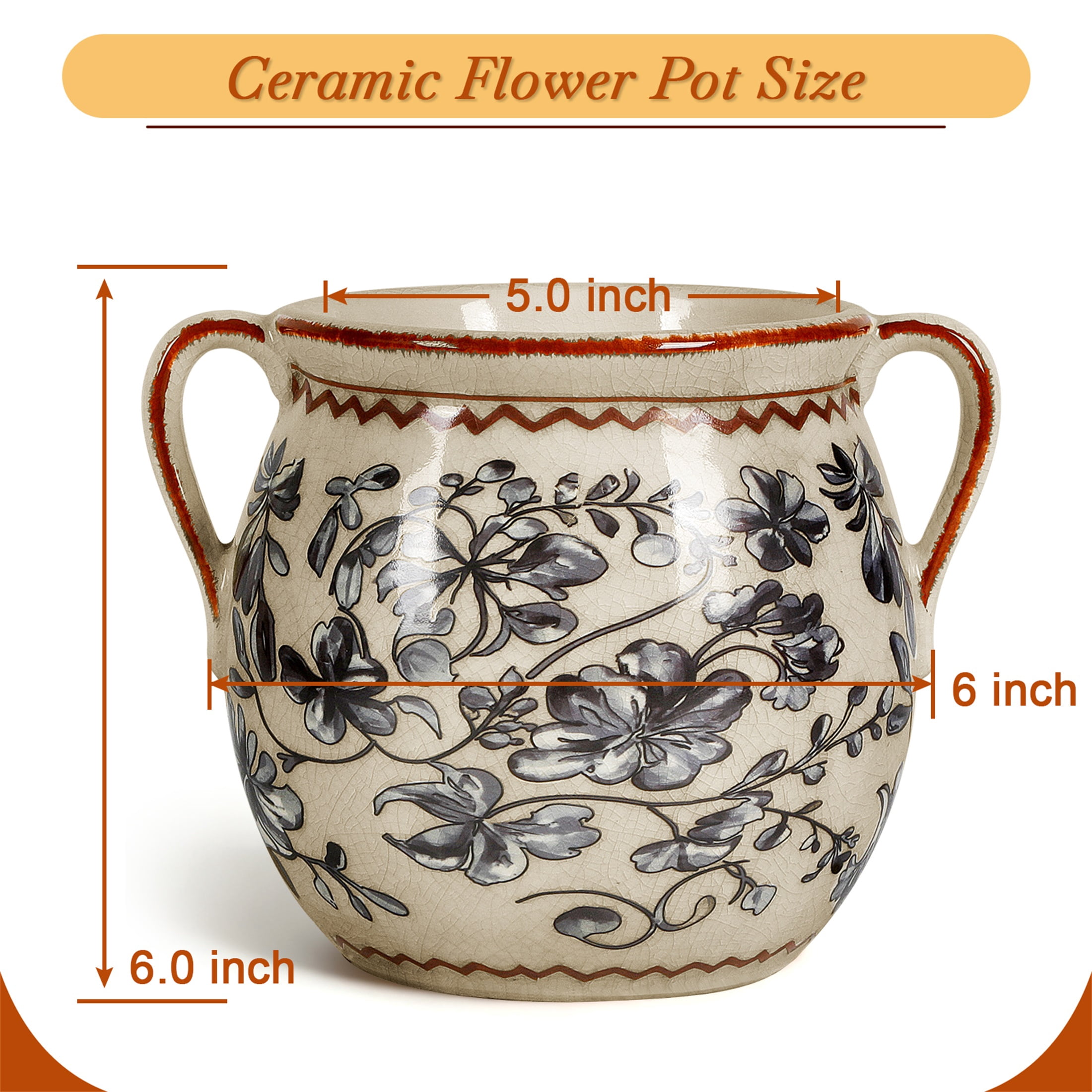 BUYMAX Slate Gray Retro Planter with Handles, Ceramic Flower Pot with Drainage Hole, Modern Vintage Indoor Outdoor Decorative Pot