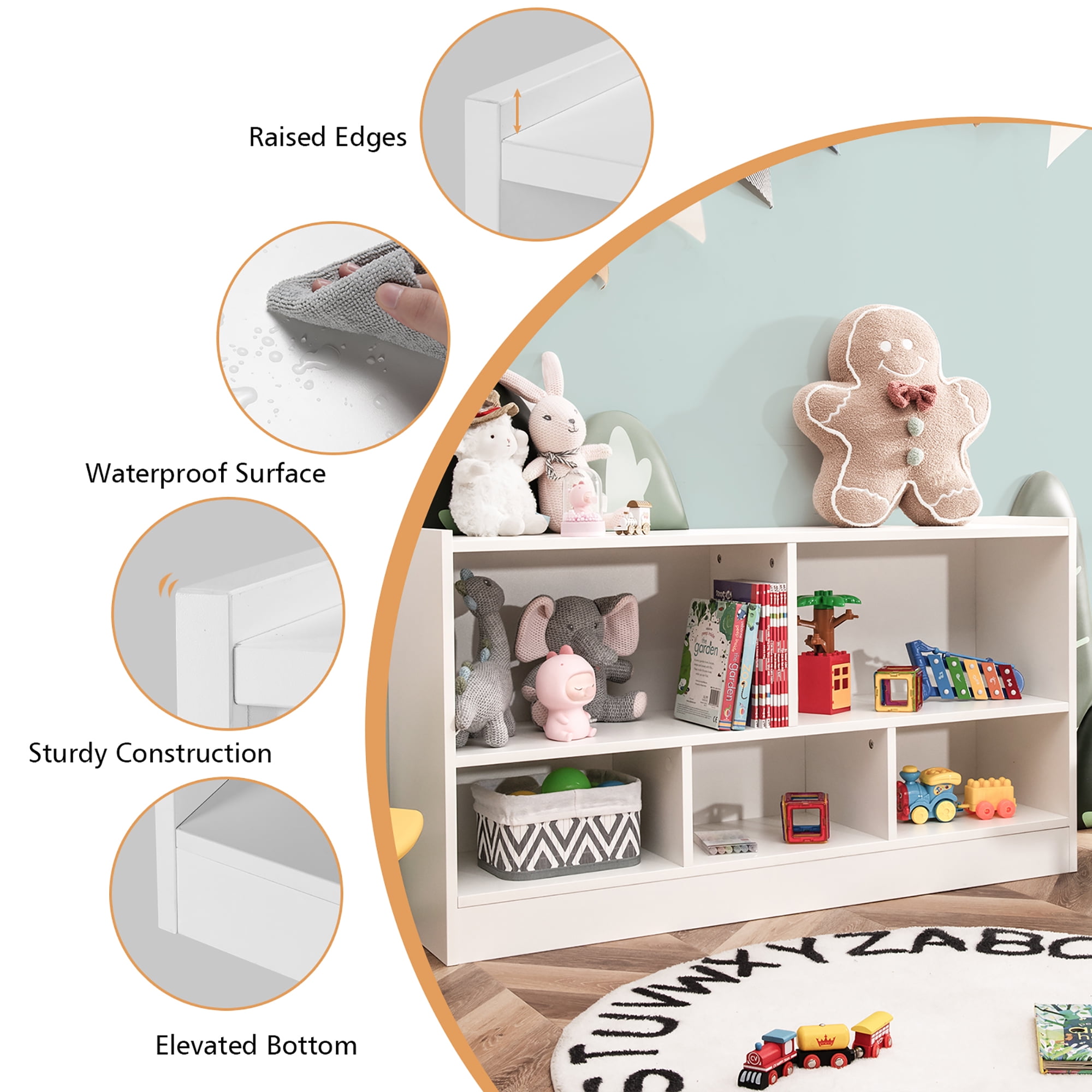 Costway Kids 2-Shelf Bookcase 5-Cube Wood Toy Storage Cabinet Organizer White