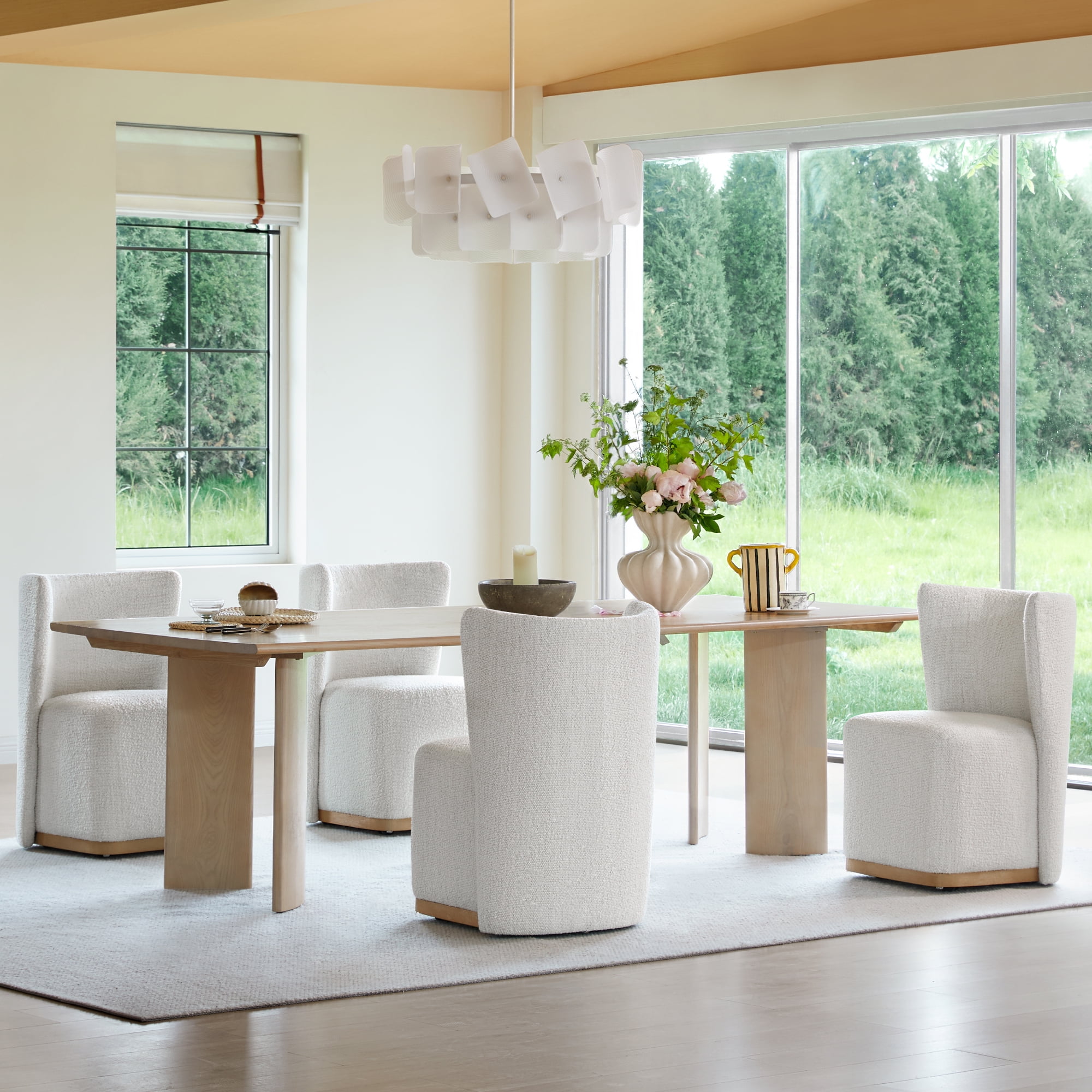 Spruce & Spring Modern Wingback Upholstered Dining Chair with Hidden Casters & Wood Base Set of 2, Pearl White
