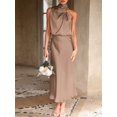 thumbnail image 4 of Champagne Satin Sleeveless Cowl Neck Midi Cocktail Dress, 4 of 30