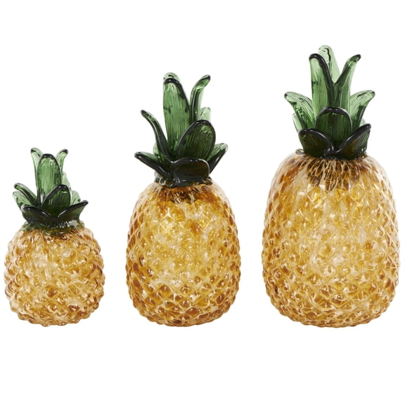 11", 10", 7"H Orange Glass Faceted Pineapple Fruit Sculpture, by DecMode (3 Count)