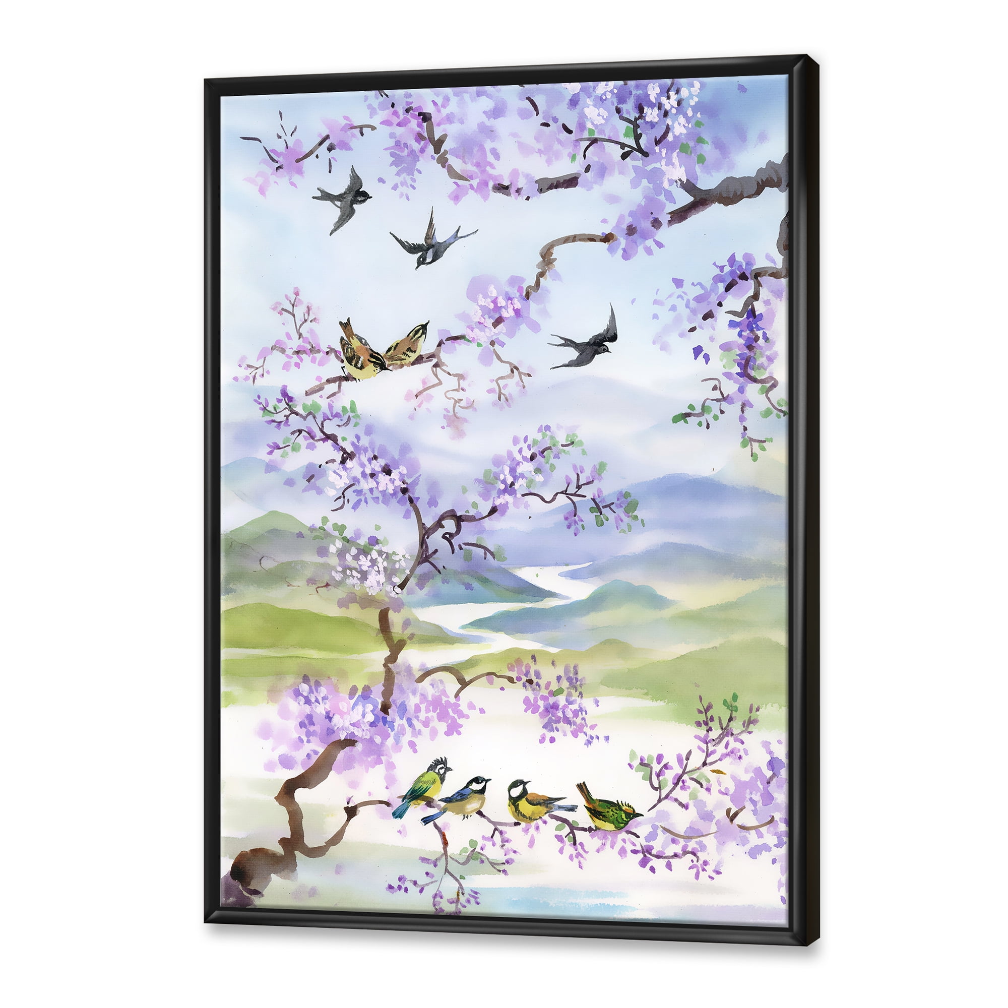 Designart 'Birds Sitting On Cherry Branch' Traditional Framed Canvas Wall Art Print