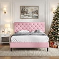 thumbnail image 3 of 4 EVER WINNER Queen Bed Frame, Upholstered Platform Bed with Button Tufted Headboard, Faux Leather Bed Frame with Wooden Slats Support, No Box Spring Required, Easy Assembly, Pink, 3 of 8