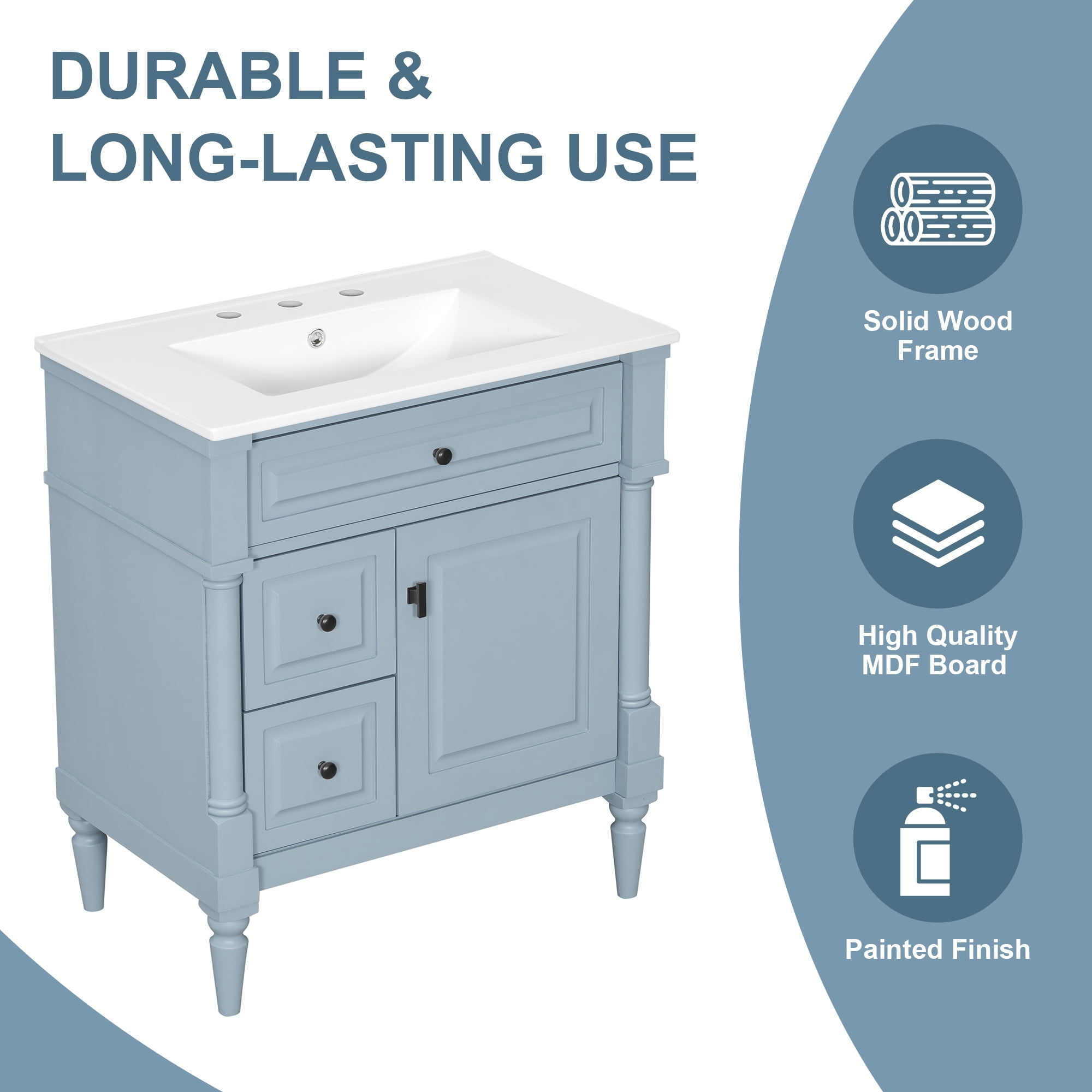 Alvantor 30" Bathroom Vanity with Ceramic Sink, Freestanding Storage Cabinet with Flip Drawers Blue