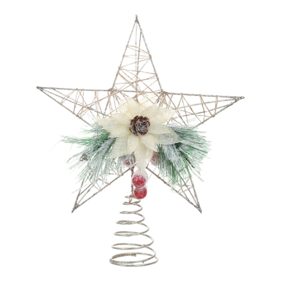 MOQIN 10-Inch Natural Star with Pinecones,Christmas Tree Star Topper Pine Picks Red Berry Bow Christmas Treetop Decoration with Spring Support for Holidays Indoor Festive Party Home Ornament