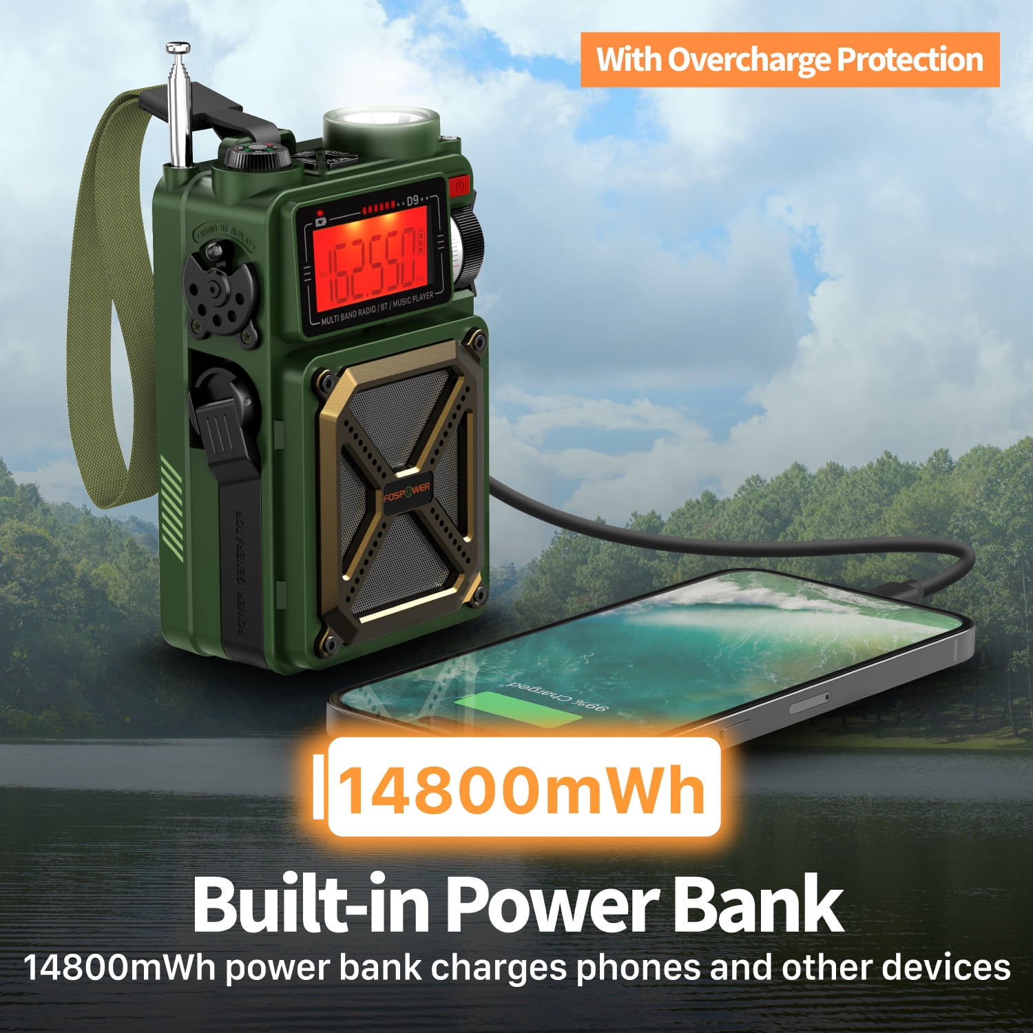 FosPower IPX3 Portable Solar Crank Emergency Weather Radio (Model D9) NOAA AM FM Hand Crank Radio w/ 14800mWh Power Bank, Bluetooth, USB, Flashlight, SOS Alarm for Home/Outdoor