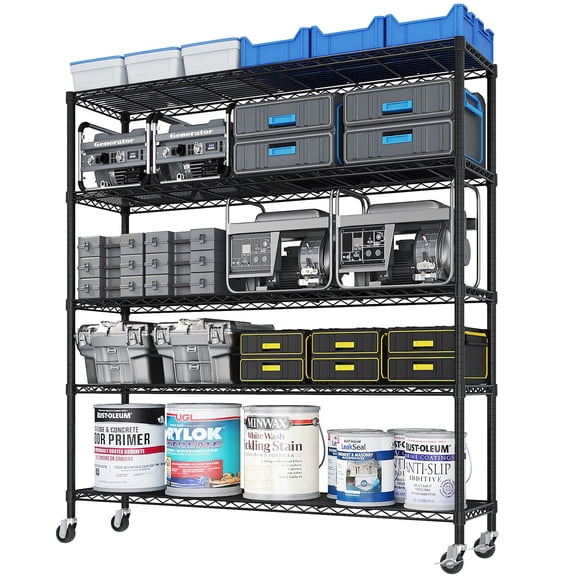 COOKCOK 5-Tier Storage Shelves, 74" H Heavy Duty Wire Storage Shelves with Wheels, Adjustable Metal Shelving, Rolling Metal Organizer Shelf Utility Rack for Warehouse, Restaurant, 59" x 17" x 74"