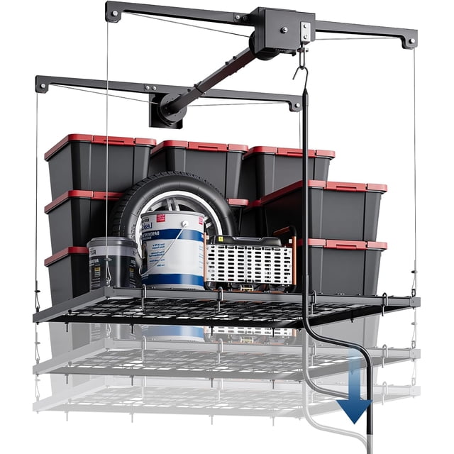 Overhead Garage Storage Rack 4x4 Ft 250 lb Ceiling Mounted Storage Lift with Dual Safety Locks for Bins and Garage Organization