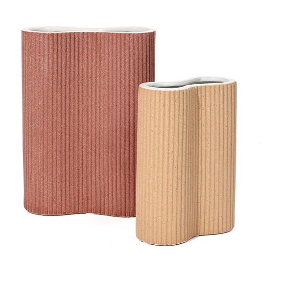 LuxenHome 2-Piece Brown Ceramic Fluted Vase Set